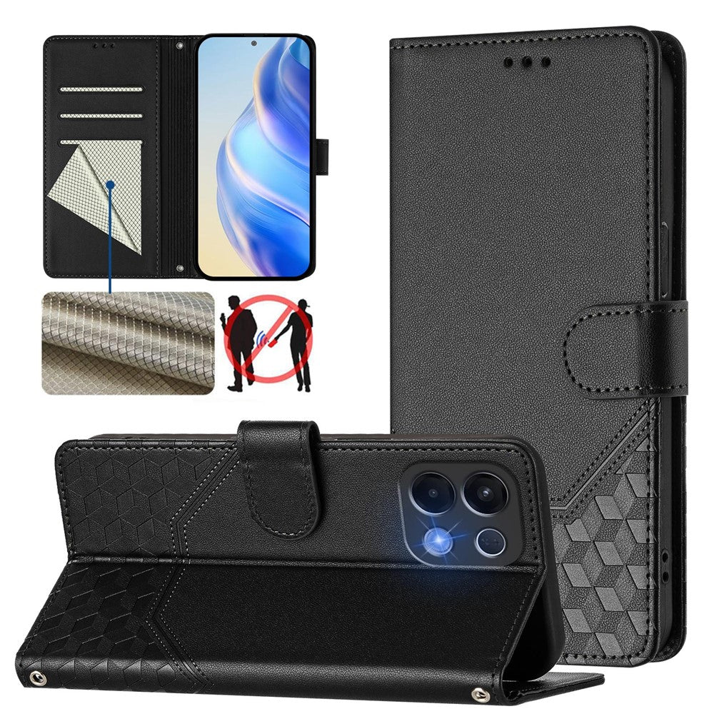 For Oppo K13 5G Case Imprinted Honeycomb RFID Blocking Leather Phone Cover with Strap - Black