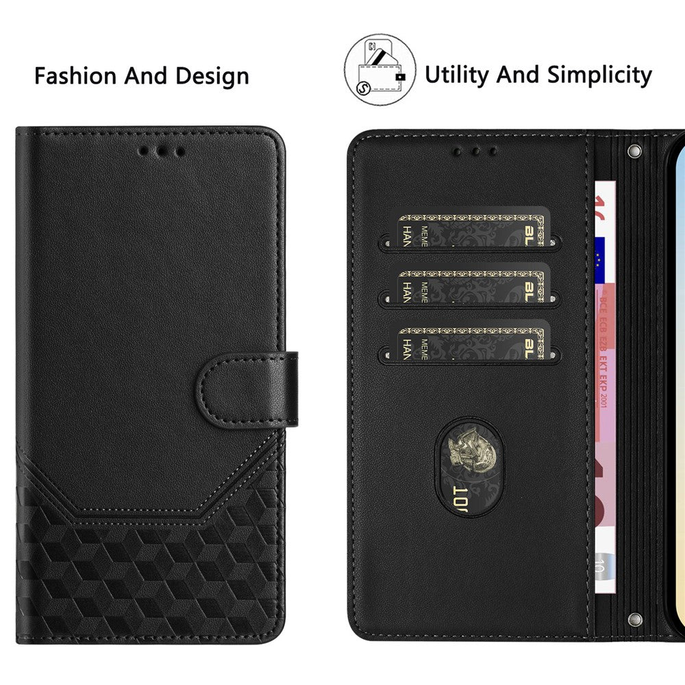 For Oppo K13 5G Case Imprinted Honeycomb RFID Blocking Leather Phone Cover with Strap - Black