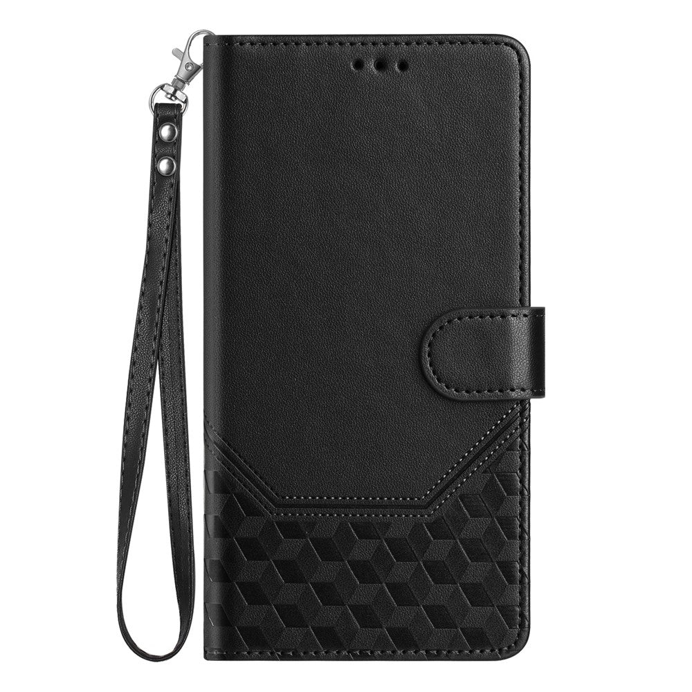 For Oppo K13 5G Case Imprinted Honeycomb RFID Blocking Leather Phone Cover with Strap - Black