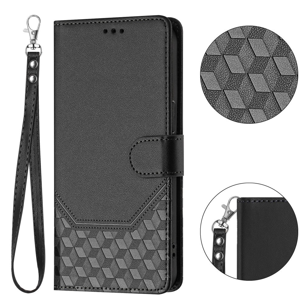 For Oppo K13 5G Case Imprinted Honeycomb RFID Blocking Leather Phone Cover with Strap - Black