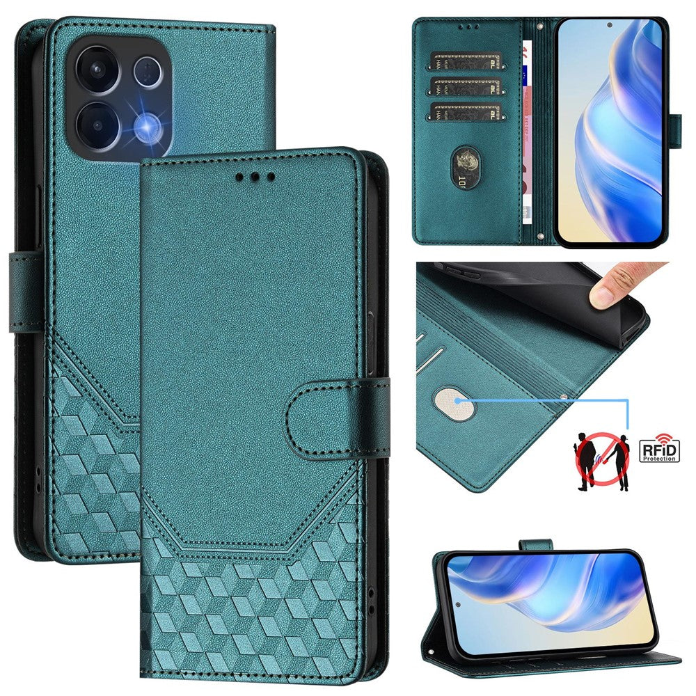 For Oppo K13 5G Case Imprinted Honeycomb RFID Blocking Leather Phone Cover with Strap - Green