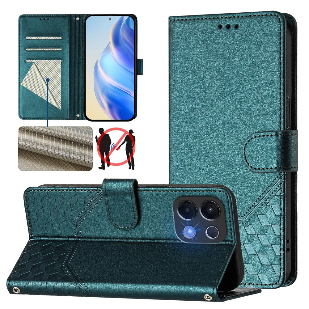 For Oppo K13 5G Case Imprinted Honeycomb RFID Blocking Leather Phone Cover with Strap - Green