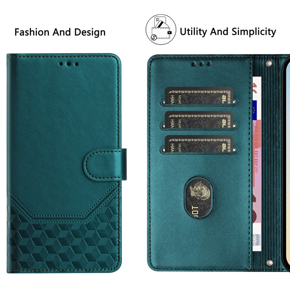 For Oppo K13 5G Case Imprinted Honeycomb RFID Blocking Leather Phone Cover with Strap - Green