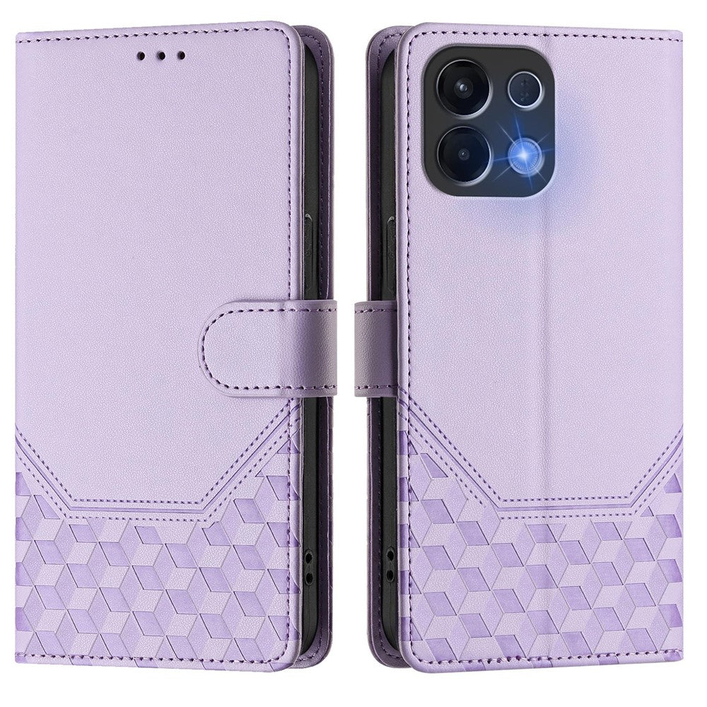 For Oppo K13 5G Case Imprinted Honeycomb RFID Blocking Leather Phone Cover with Strap - Light Purple