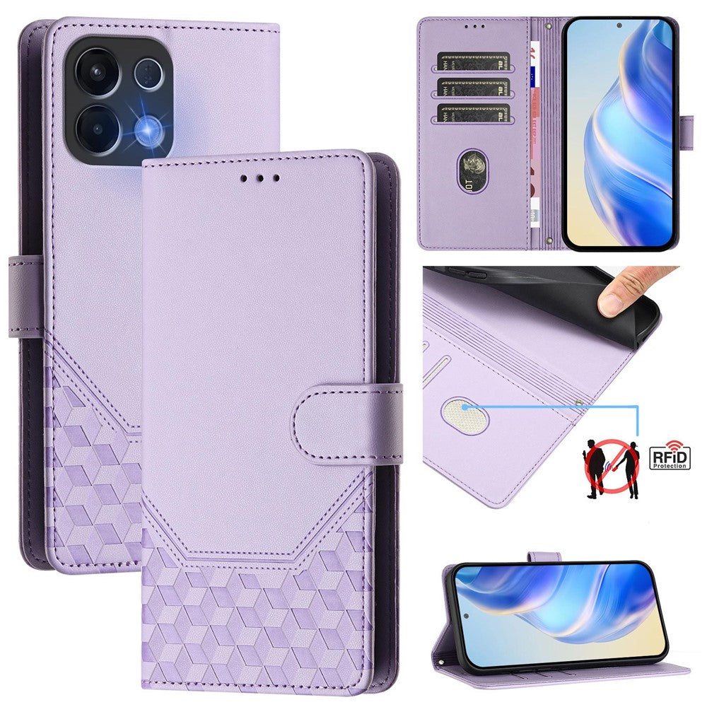 For Oppo K13 5G Case Imprinted Honeycomb RFID Blocking Leather Phone Cover with Strap - Light Purple