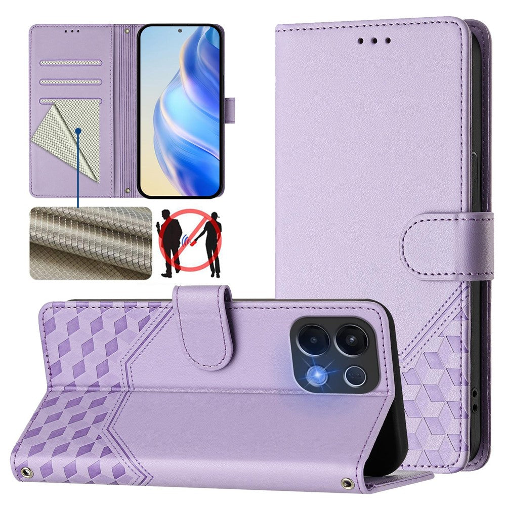 For Oppo K13 5G Case Imprinted Honeycomb RFID Blocking Leather Phone Cover with Strap - Light Purple