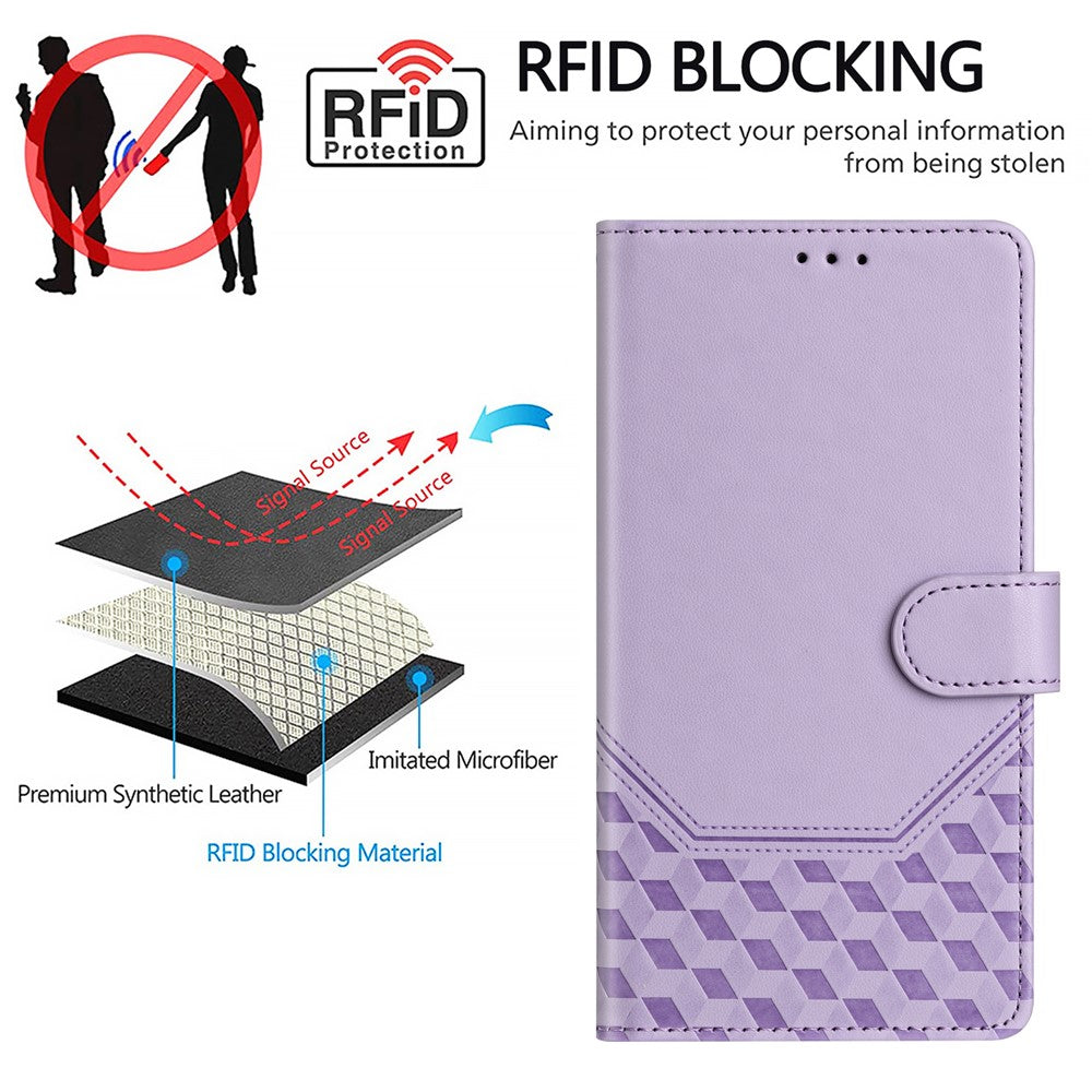 For Oppo K13 5G Case Imprinted Honeycomb RFID Blocking Leather Phone Cover with Strap - Light Purple
