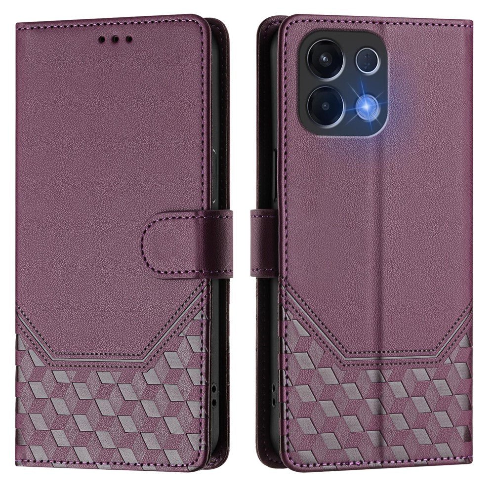 For Oppo K13 5G Case Imprinted Honeycomb RFID Blocking Leather Phone Cover with Strap - Dark Purple
