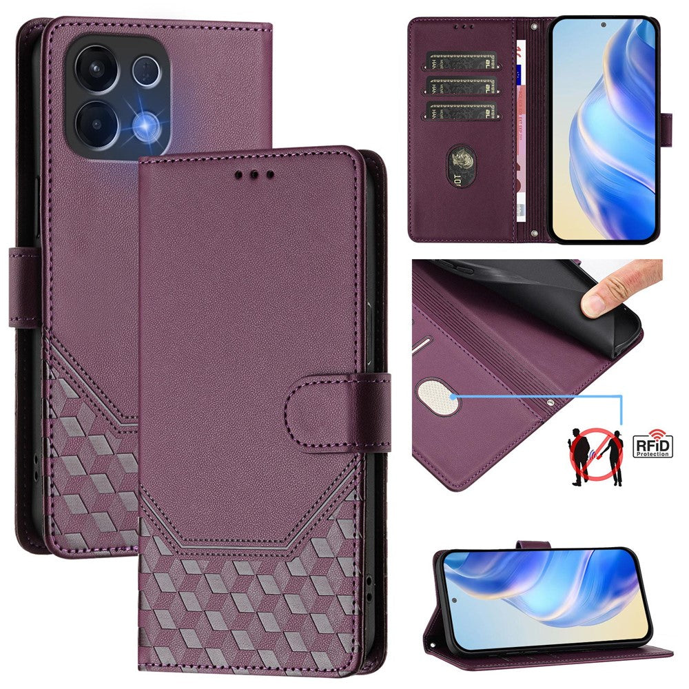 For Oppo K13 5G Case Imprinted Honeycomb RFID Blocking Leather Phone Cover with Strap - Dark Purple