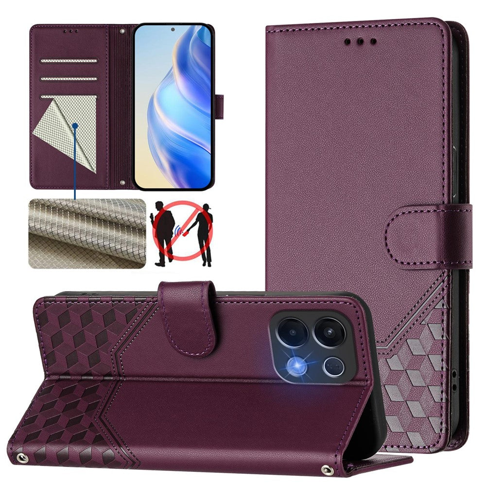 For Oppo K13 5G Case Imprinted Honeycomb RFID Blocking Leather Phone Cover with Strap - Dark Purple