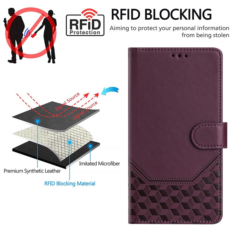 For Oppo K13 5G Case Imprinted Honeycomb RFID Blocking Leather Phone Cover with Strap - Dark Purple
