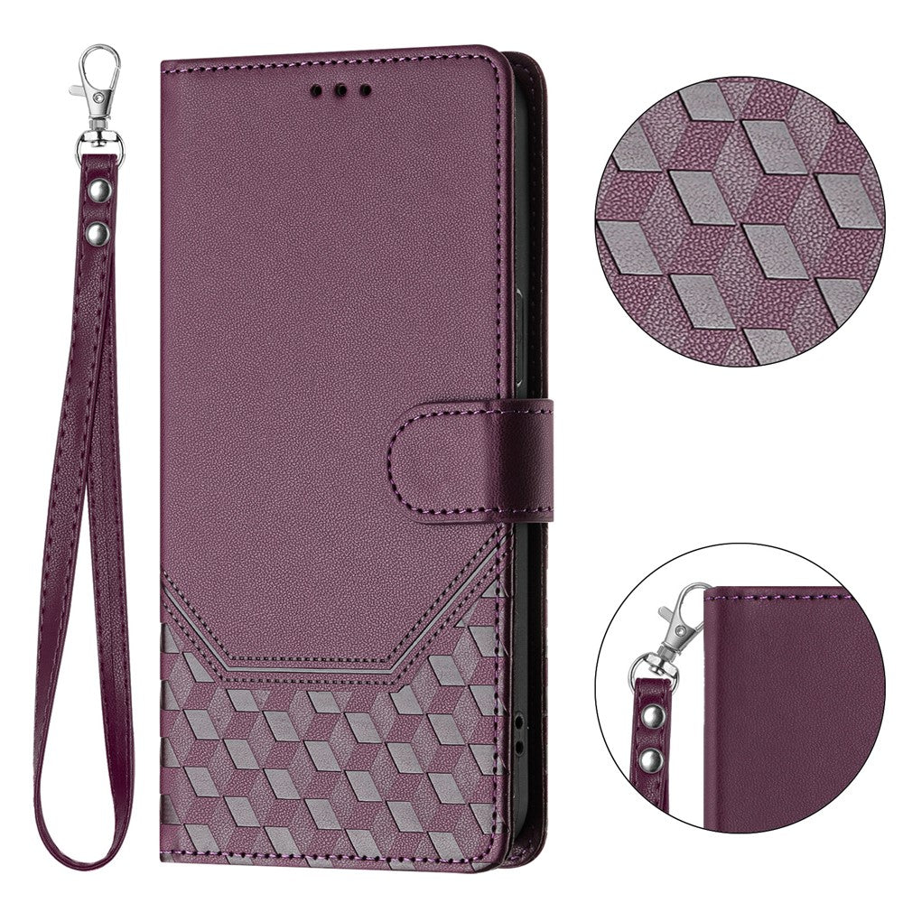 For Oppo K13 5G Case Imprinted Honeycomb RFID Blocking Leather Phone Cover with Strap - Dark Purple