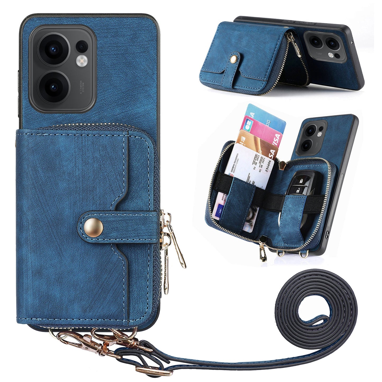 For Oppo Reno13 F 5G PU Leather Phone Back Cover with Zipper Card Holder and Long Strap - Blue