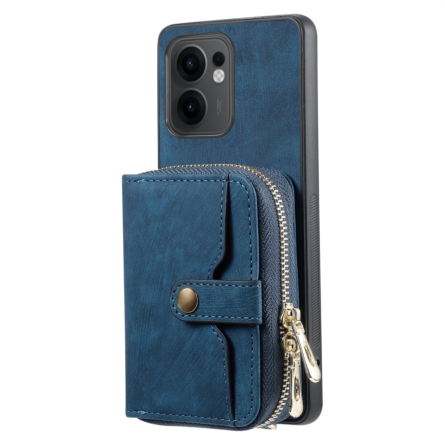 For Oppo Reno13 F 5G PU Leather Phone Back Cover with Zipper Card Holder and Long Strap - Blue