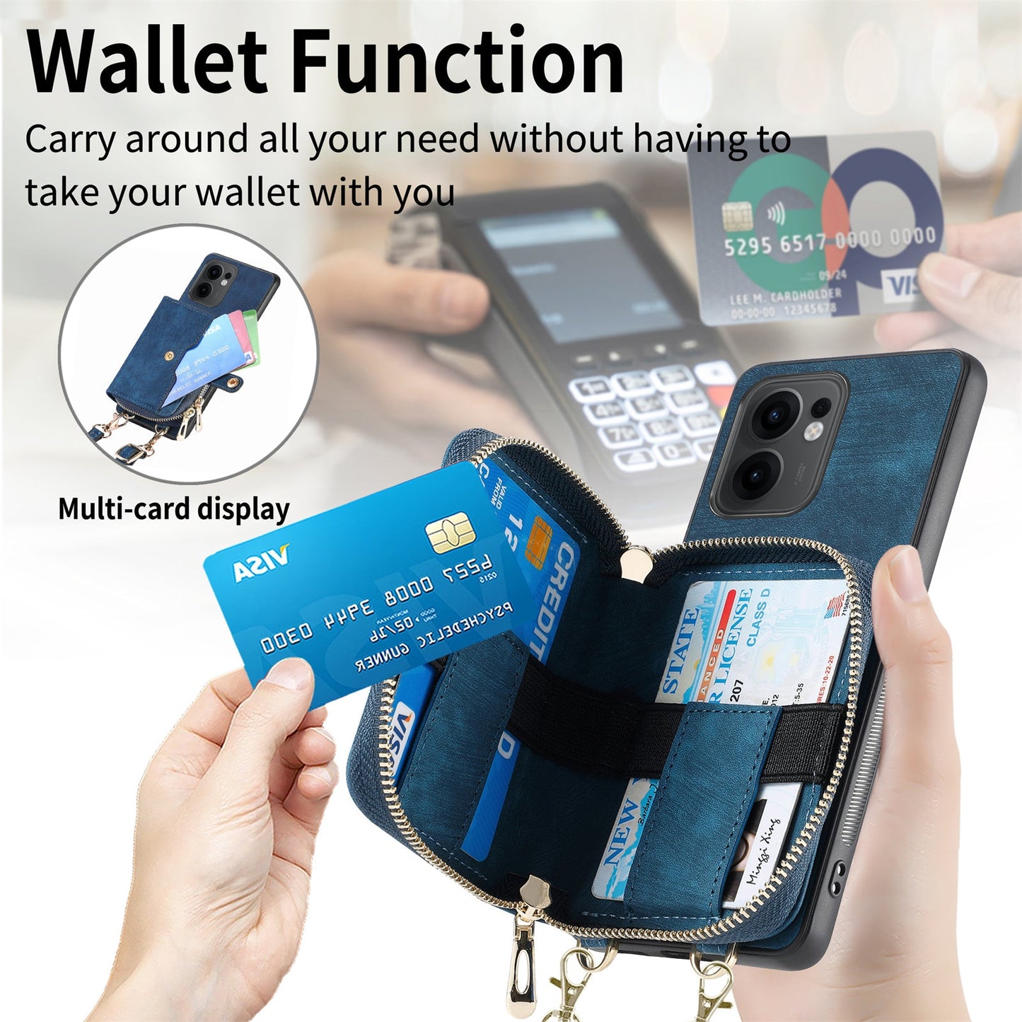 For Oppo Reno13 F 5G PU Leather Phone Back Cover with Zipper Card Holder and Long Strap - Blue