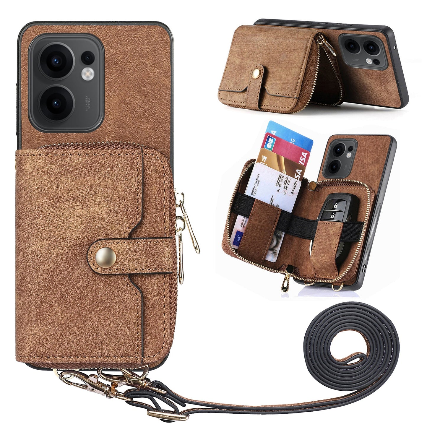 For Oppo Reno13 F 5G PU Leather Phone Back Cover with Zipper Card Holder and Long Strap - Brown