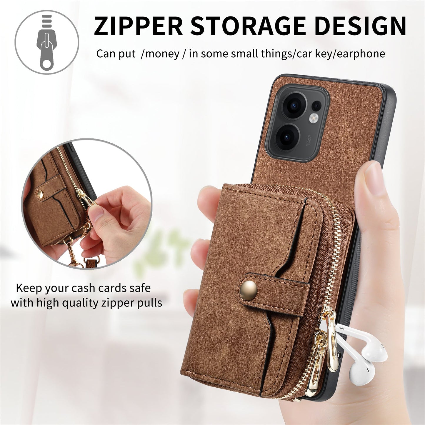 For Oppo Reno13 F 5G PU Leather Phone Back Cover with Zipper Card Holder and Long Strap - Brown