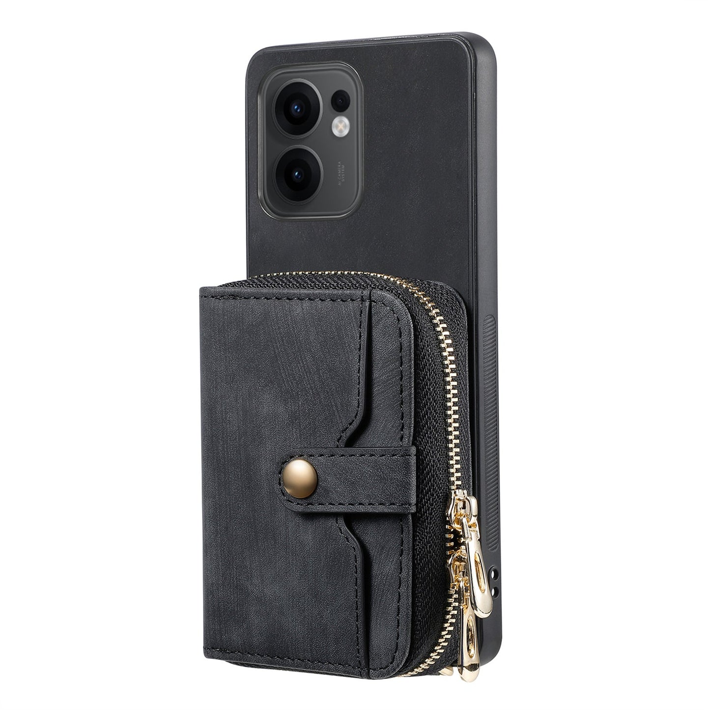 For Oppo Reno13 F 5G PU Leather Phone Back Cover with Zipper Card Holder and Long Strap - Black