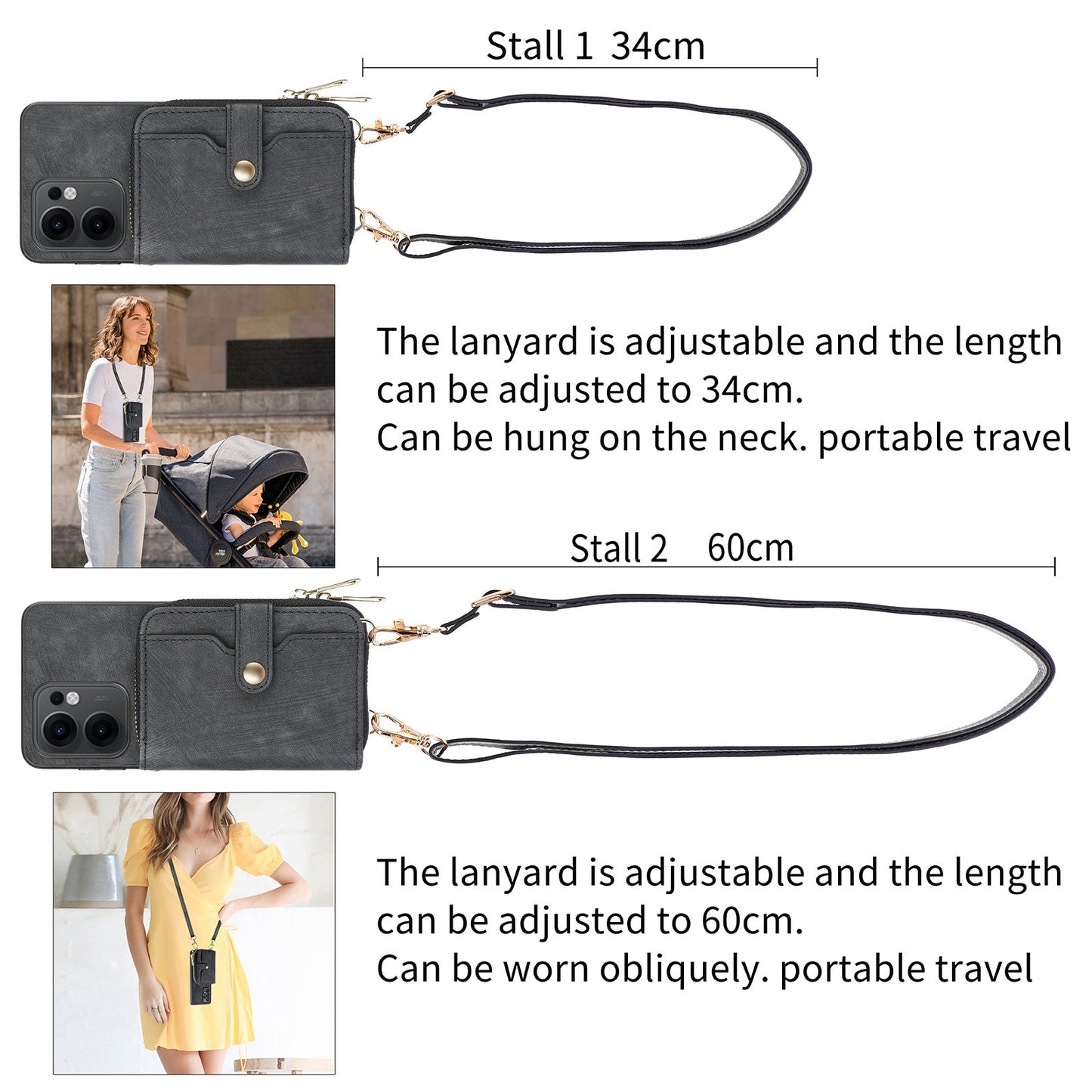 For Oppo Reno13 F 5G PU Leather Phone Back Cover with Zipper Card Holder and Long Strap - Black
