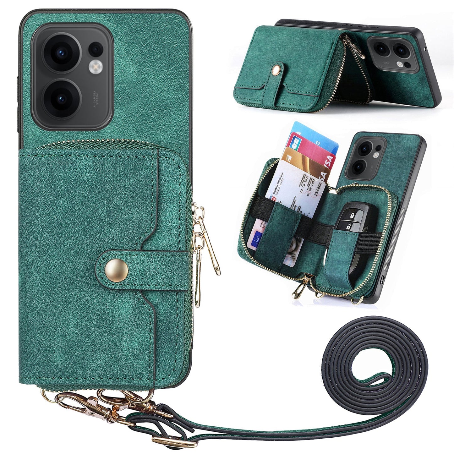 For Oppo Reno13 F 5G PU Leather Phone Back Cover with Zipper Card Holder and Long Strap - Green