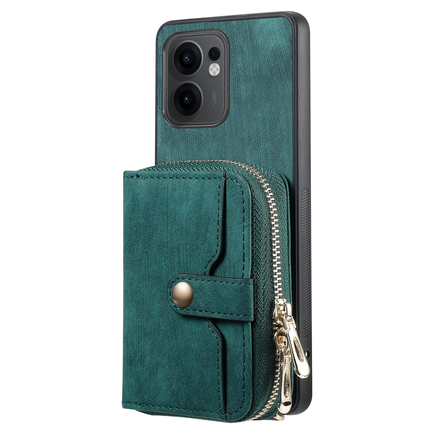 For Oppo Reno13 F 5G PU Leather Phone Back Cover with Zipper Card Holder and Long Strap - Green