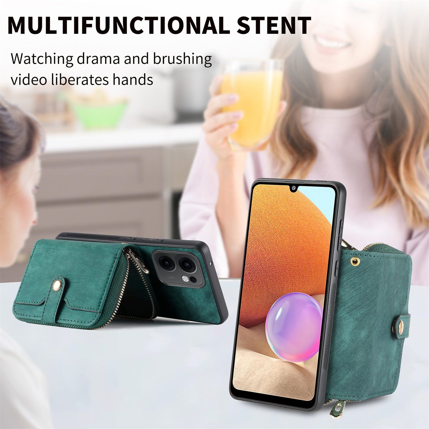 For Oppo Reno13 F 5G PU Leather Phone Back Cover with Zipper Card Holder and Long Strap - Green