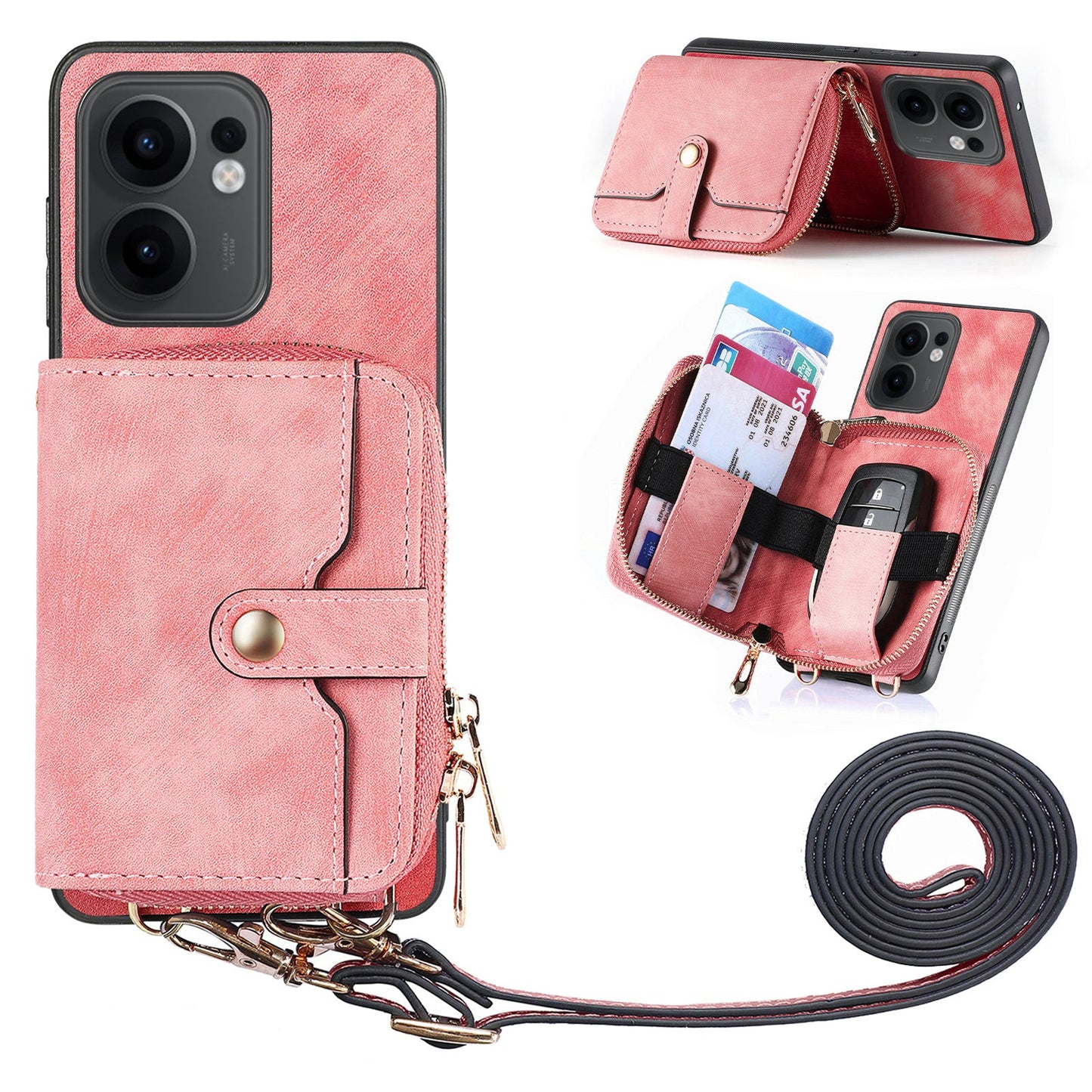 For Oppo Reno13 F 5G PU Leather Phone Back Cover with Zipper Card Holder and Long Strap - Pink