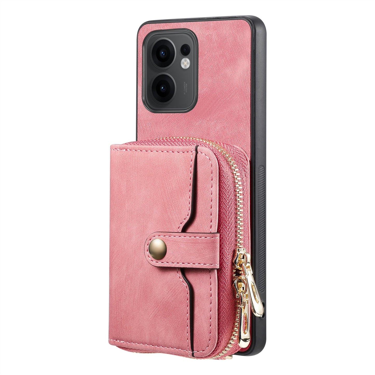 For Oppo Reno13 F 5G PU Leather Phone Back Cover with Zipper Card Holder and Long Strap - Pink