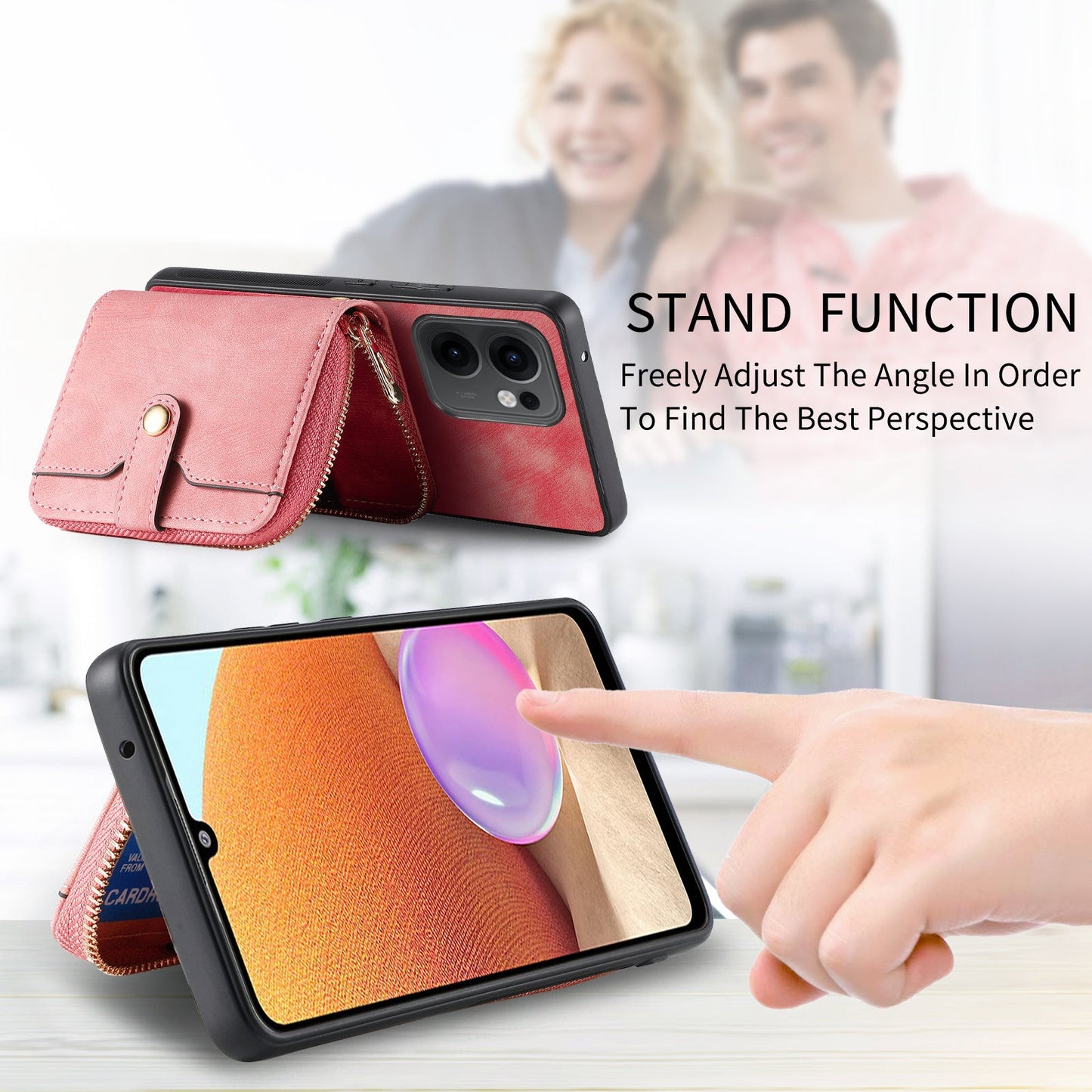 For Oppo Reno13 F 5G PU Leather Phone Back Cover with Zipper Card Holder and Long Strap - Pink