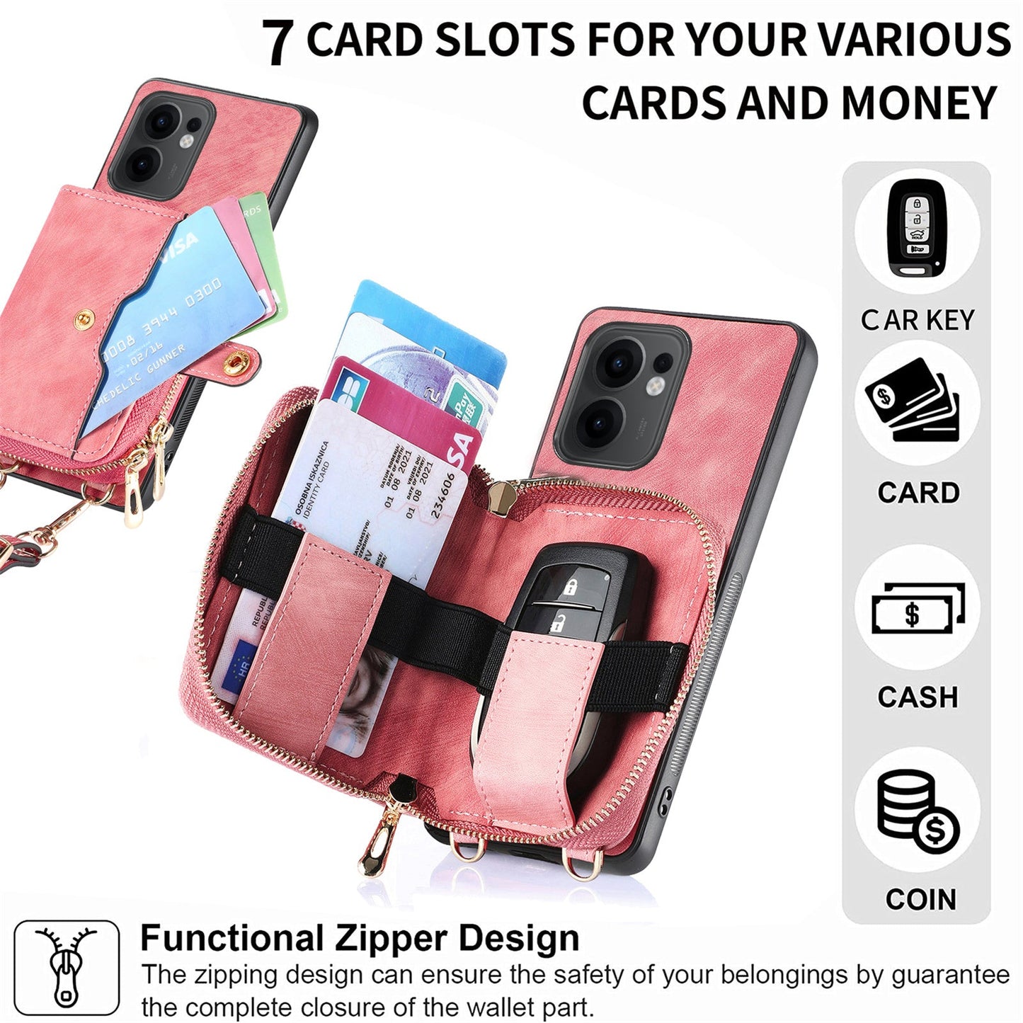 For Oppo Reno13 F 5G PU Leather Phone Back Cover with Zipper Card Holder and Long Strap - Pink