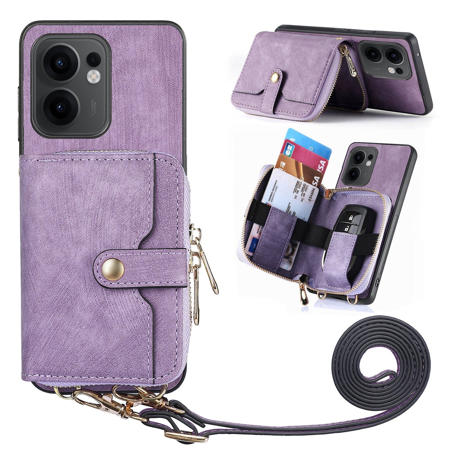 For Oppo Reno13 F 5G PU Leather Phone Back Cover with Zipper Card Holder and Long Strap - Purple