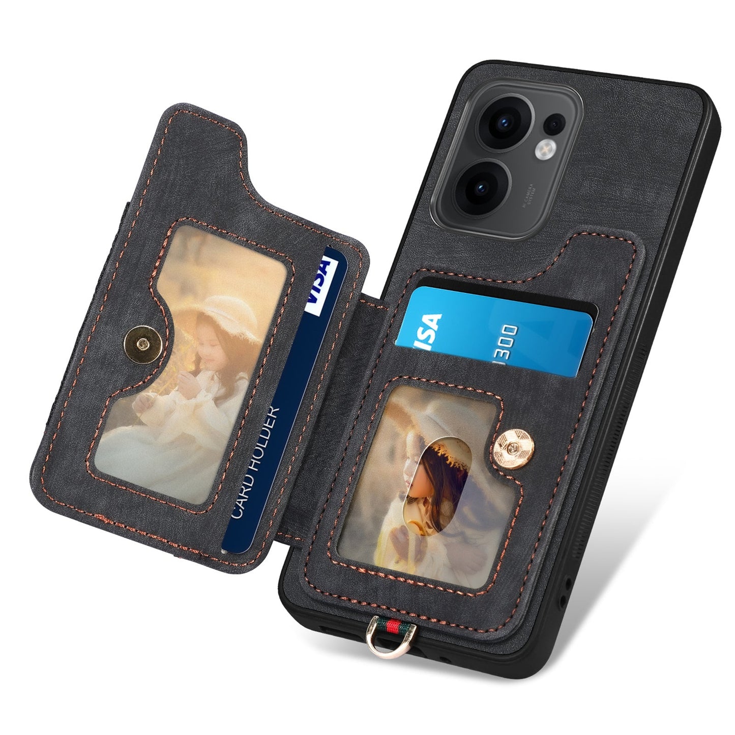 For Oppo Reno13 F 5G Retro PU Leather Back Cover with RFID Blocking Card Holder - Black