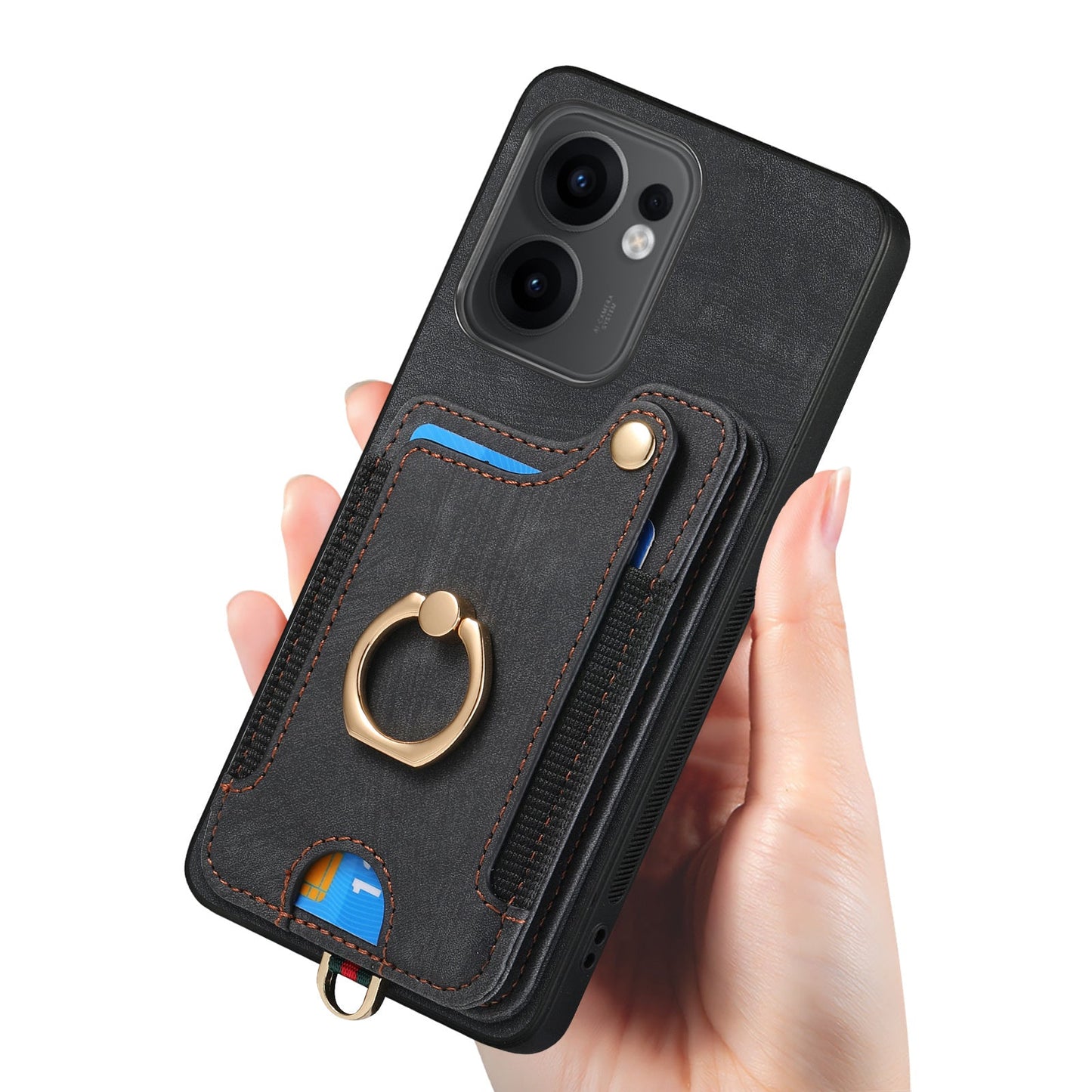 For Oppo Reno13 F 5G Retro PU Leather Back Cover with RFID Blocking Card Holder - Black