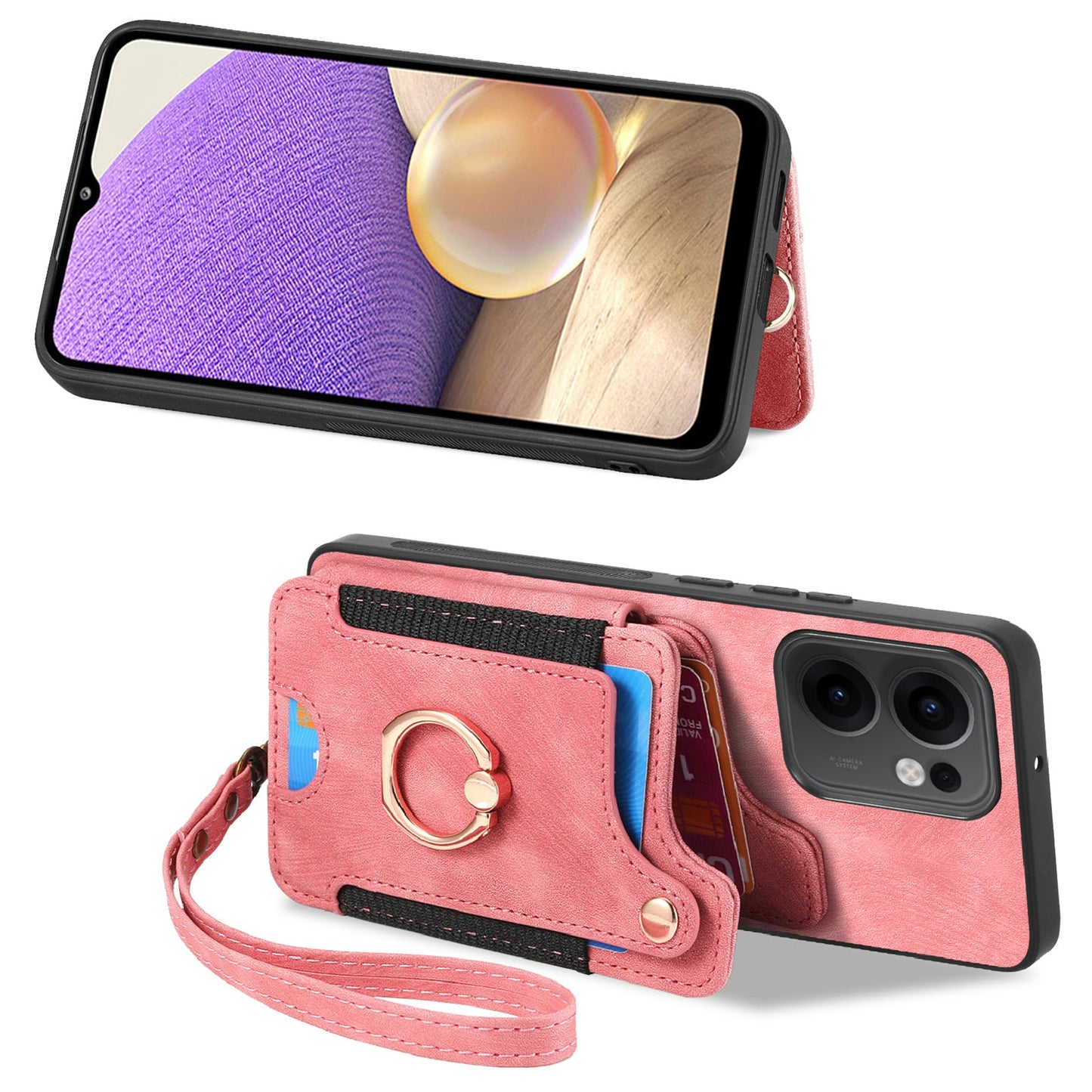 For Oppo Reno13 F 5G Retro PU Leather Back Cover with RFID Blocking Card Holder - Pink