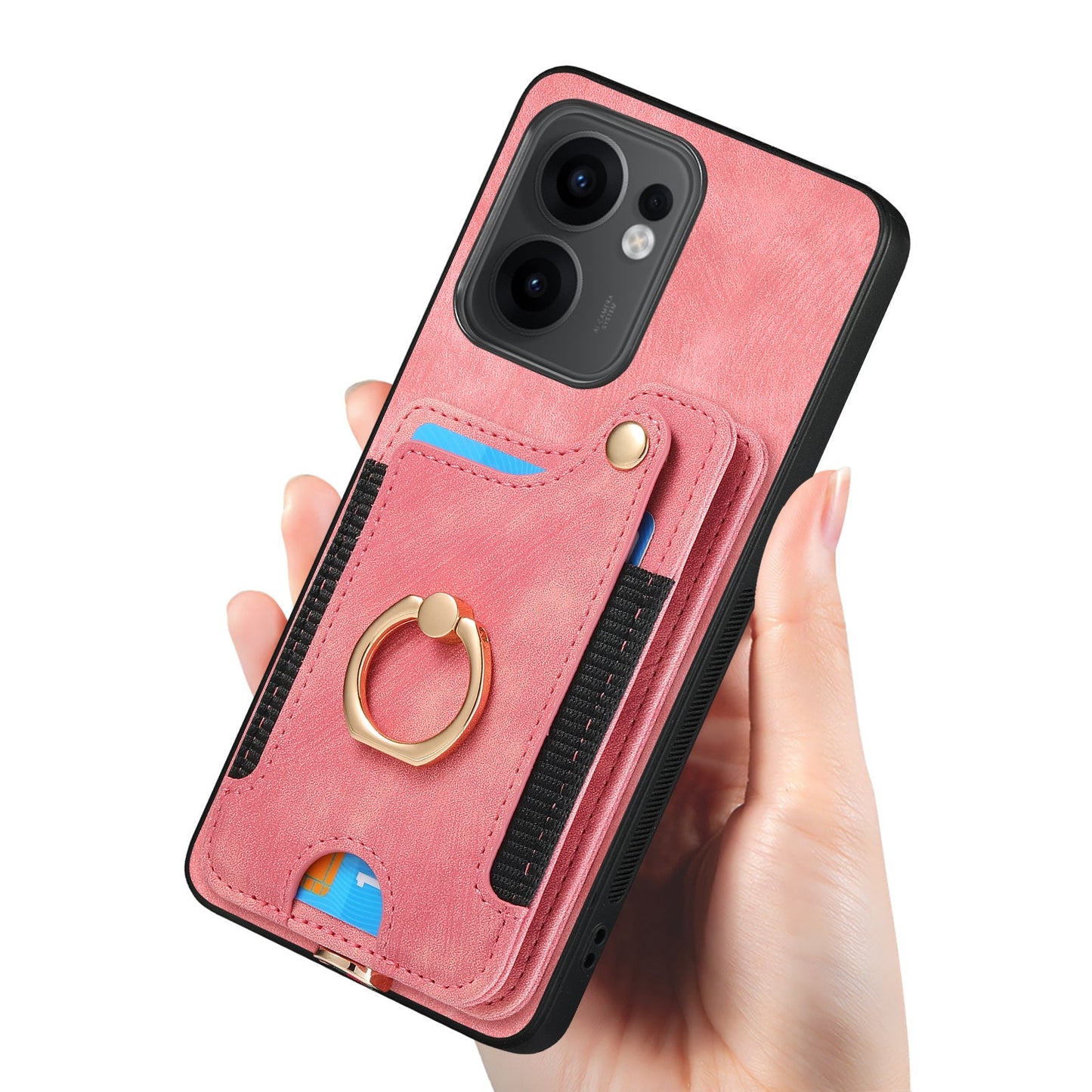 For Oppo Reno13 F 5G Retro PU Leather Back Cover with RFID Blocking Card Holder - Pink