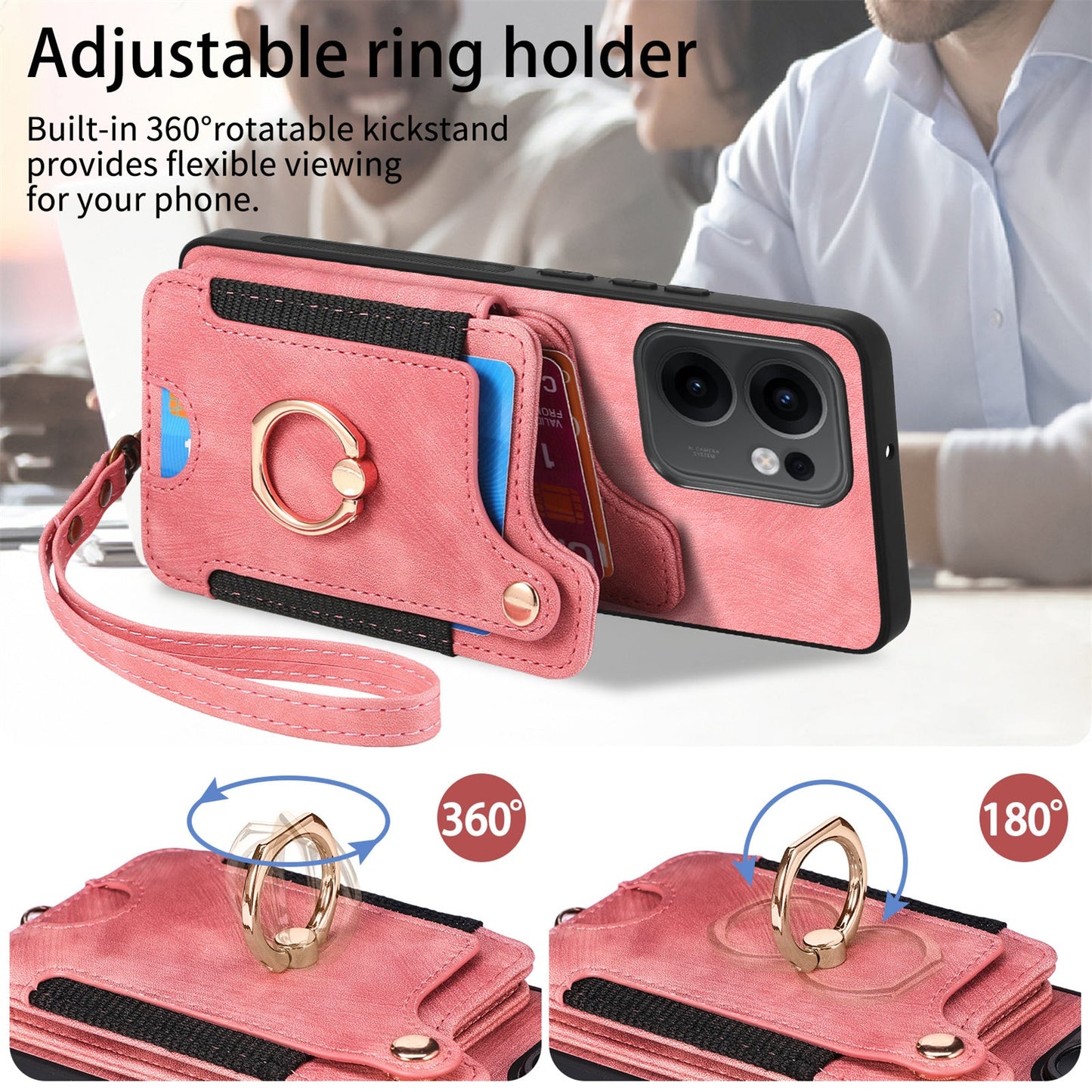 For Oppo Reno13 F 5G Retro PU Leather Back Cover with RFID Blocking Card Holder - Pink