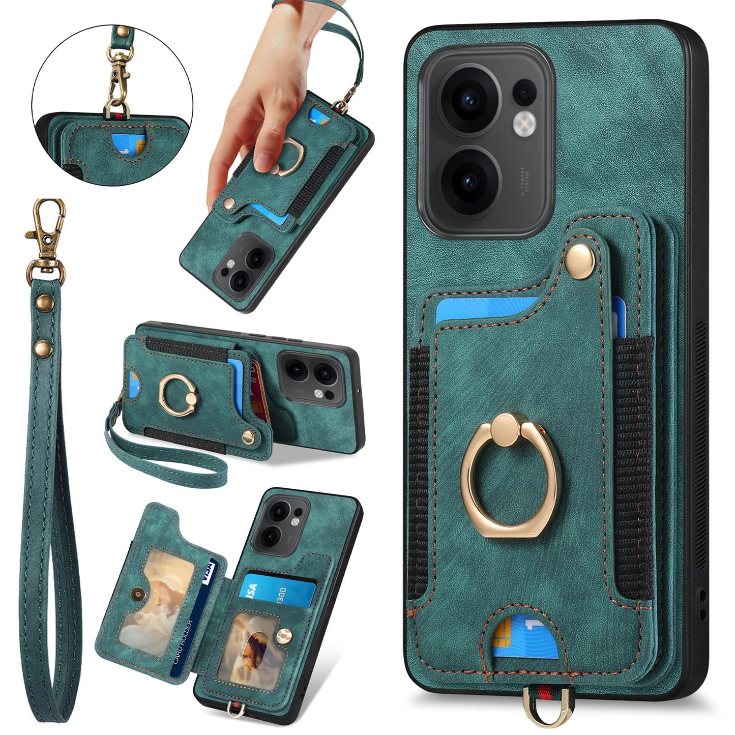 For Oppo Reno13 F 5G Retro PU Leather Back Cover with RFID Blocking Card Holder - Green