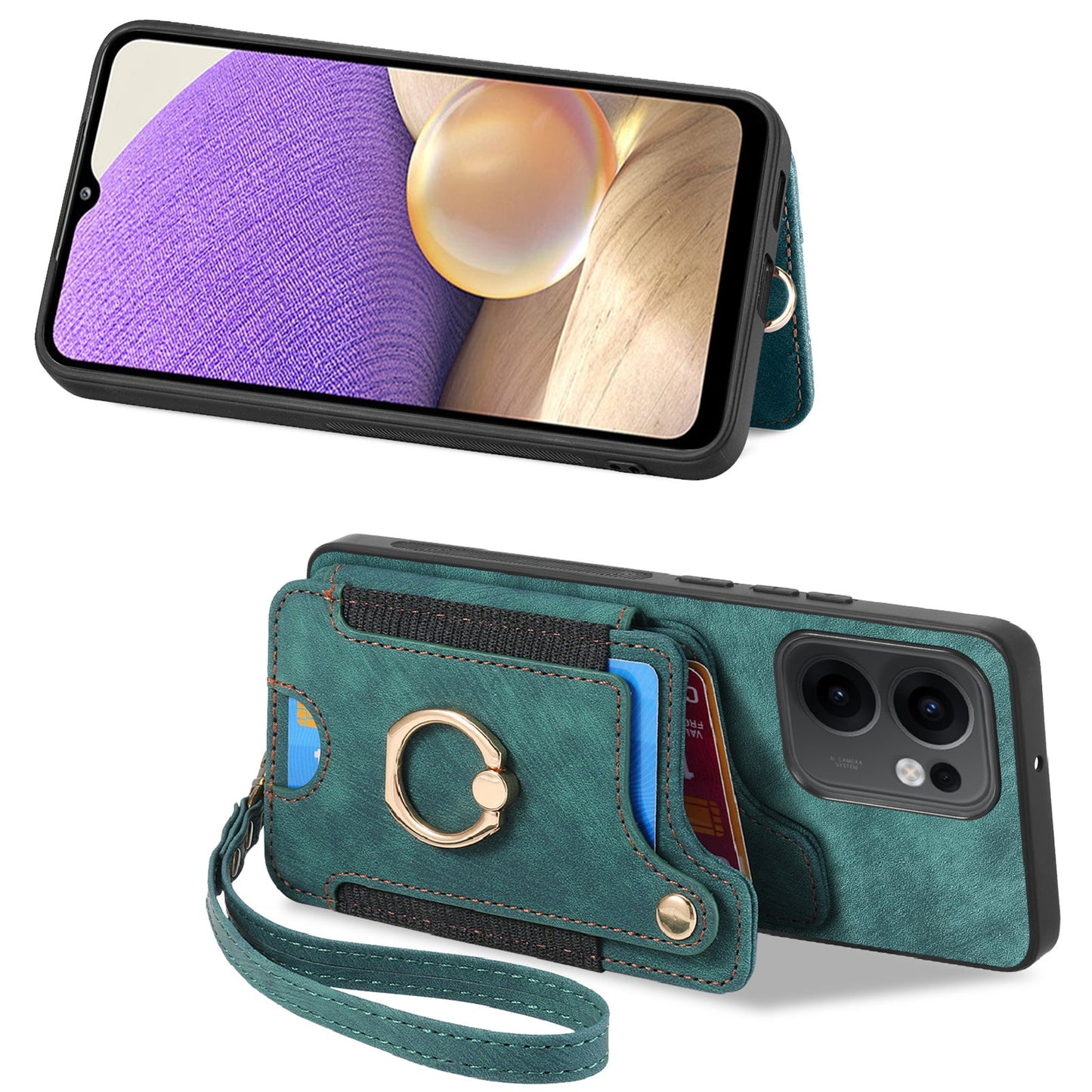 For Oppo Reno13 F 5G Retro PU Leather Back Cover with RFID Blocking Card Holder - Green