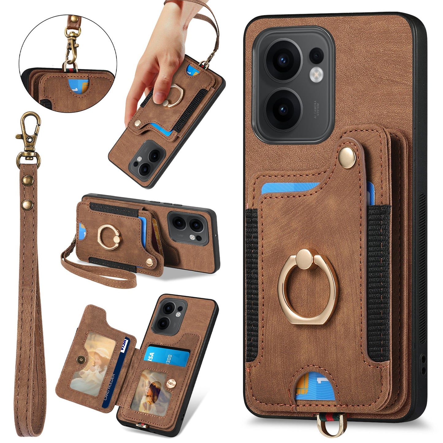 For Oppo Reno13 F 5G Retro PU Leather Back Cover with RFID Blocking Card Holder - Brown