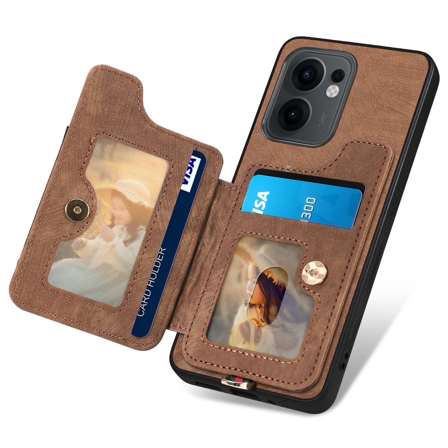 For Oppo Reno13 F 5G Retro PU Leather Back Cover with RFID Blocking Card Holder - Brown