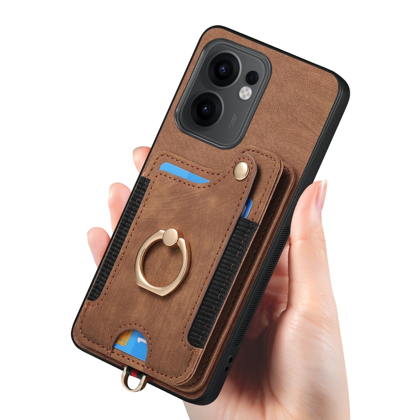 For Oppo Reno13 F 5G Retro PU Leather Back Cover with RFID Blocking Card Holder - Brown