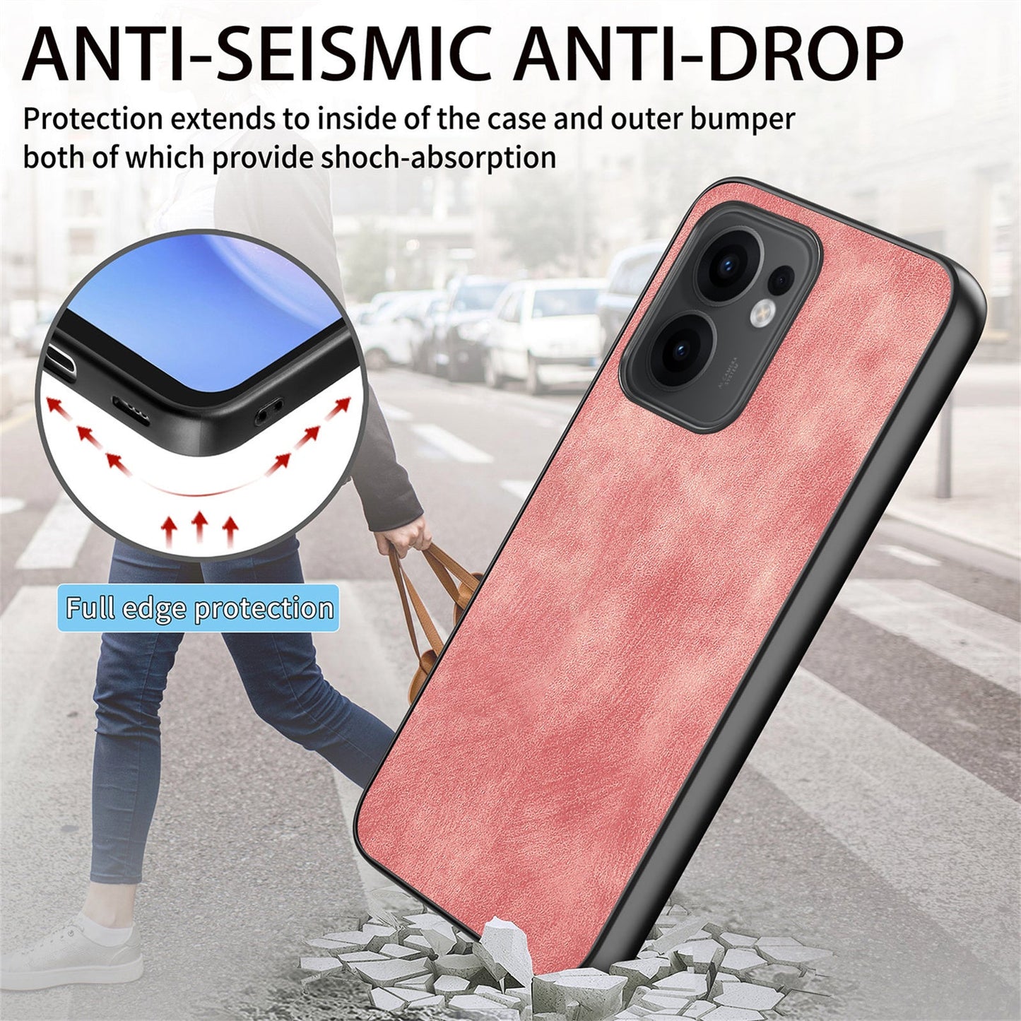 For Oppo Reno13 F 5G Case Shockproof Slim Retro Leather Phone Back Cover - Pink