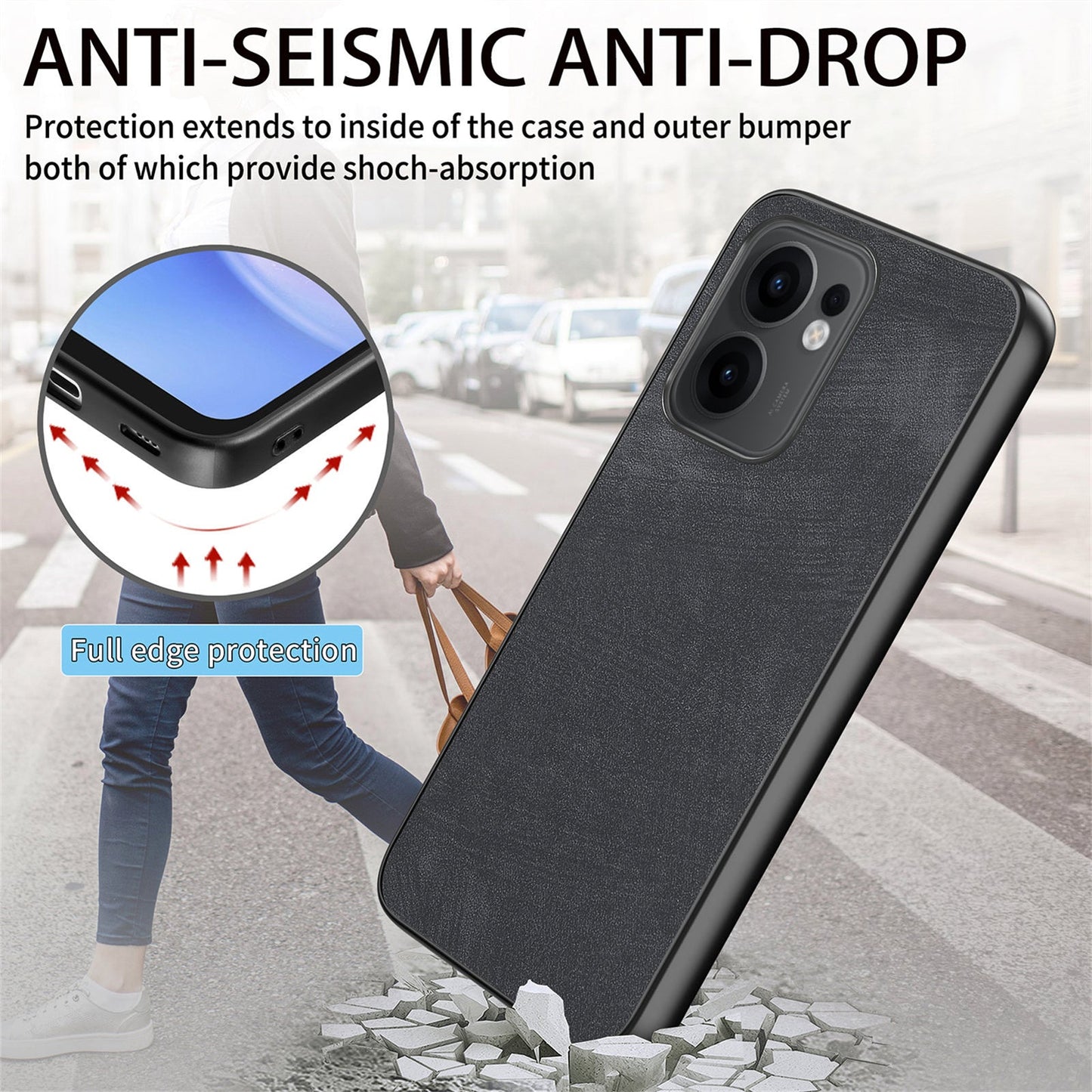 For Oppo Reno13 F 5G Case Shockproof Slim Retro Leather Phone Back Cover - Black