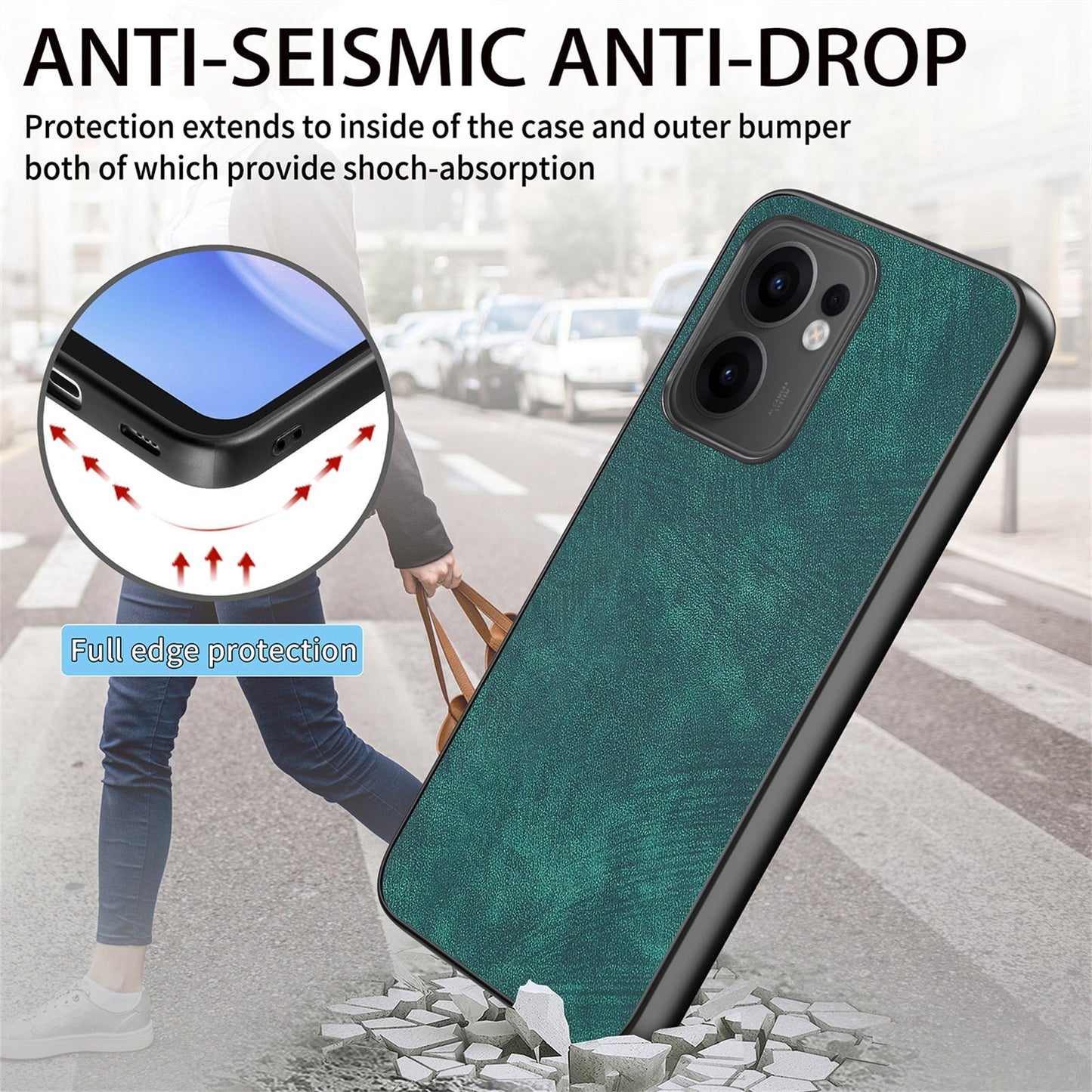 For Oppo Reno13 F 5G Case Shockproof Slim Retro Leather Phone Back Cover - Green