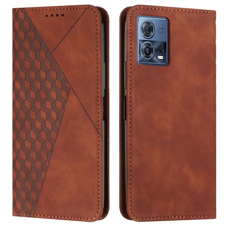 For Motorola Moto S30 Pro 5G / Edge 30 Fusion 5G PU Leather Stand Wallet Case Rhombus Pattern Imprinted Magnetic Auto-absorbed Phone Cover with Strap - Brown