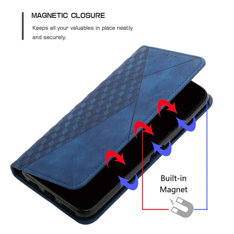 For Motorola Moto S30 Pro 5G / Edge 30 Fusion 5G PU Leather Stand Wallet Case Rhombus Pattern Imprinted Magnetic Auto-absorbed Phone Cover with Strap - Sapphire