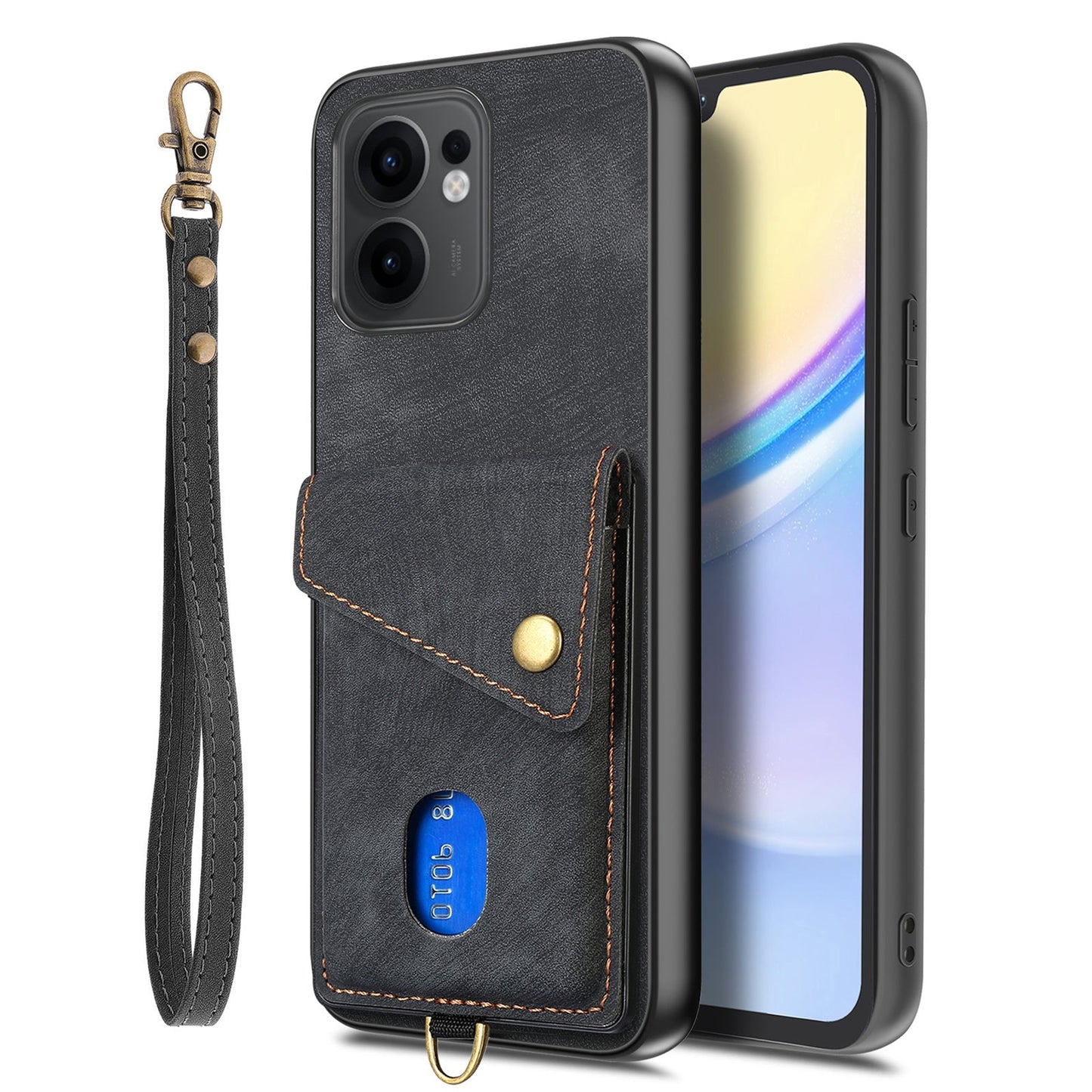 For Oppo Reno13 F 5G Case with Card Holder Kickstand Leather Phone Back Cover - Black
