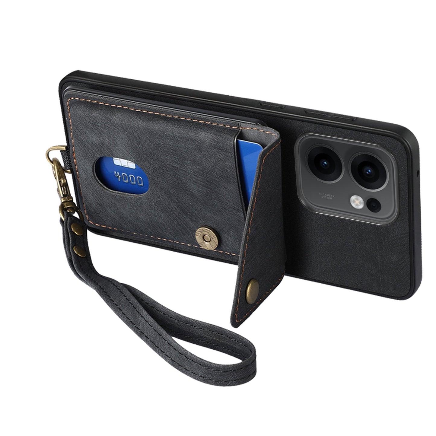 For Oppo Reno13 F 5G Case with Card Holder Kickstand Leather Phone Back Cover - Black