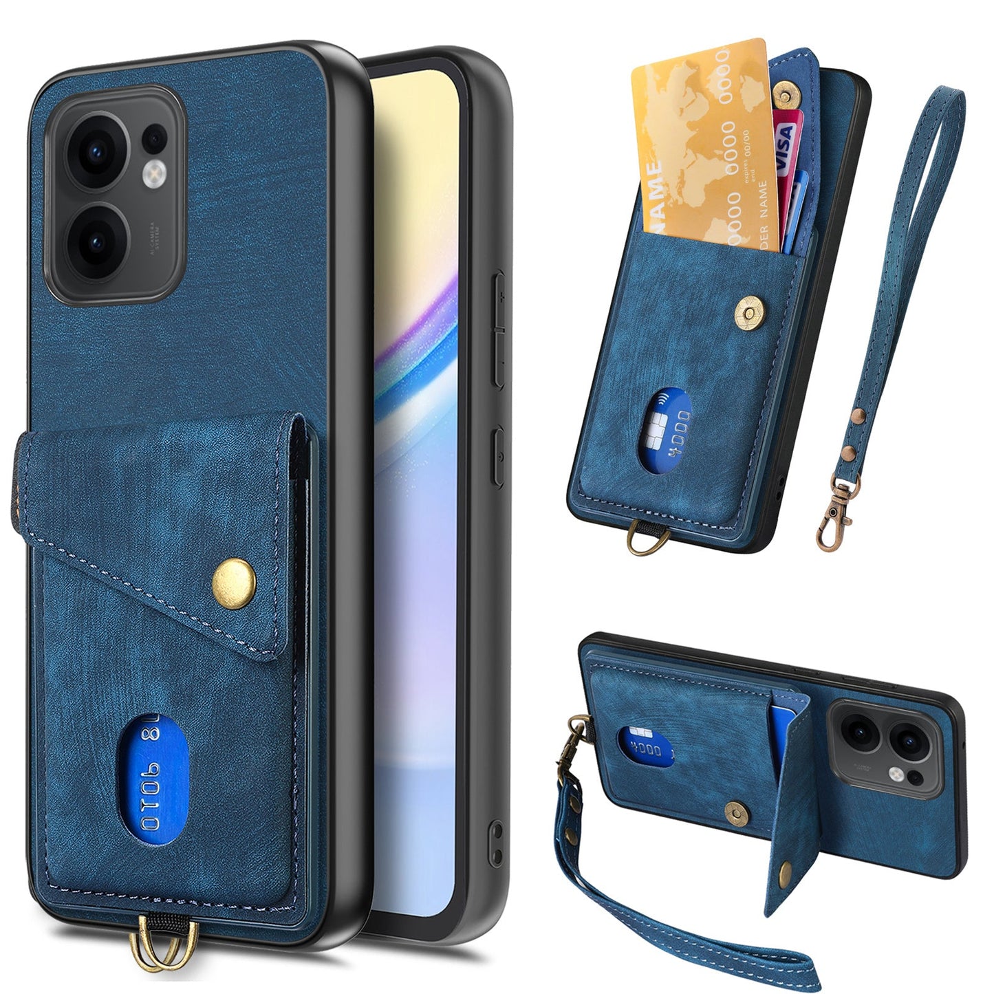 For Oppo Reno13 F 5G Case with Card Holder Kickstand Leather Phone Back Cover - Blue