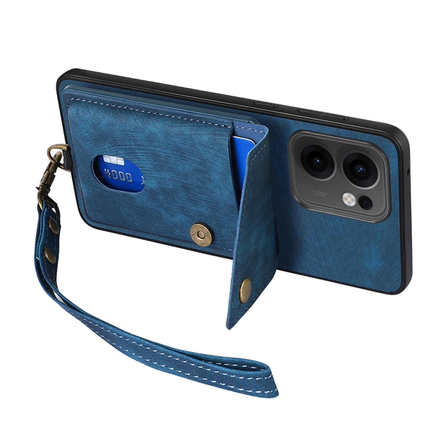 For Oppo Reno13 F 5G Case with Card Holder Kickstand Leather Phone Back Cover - Blue